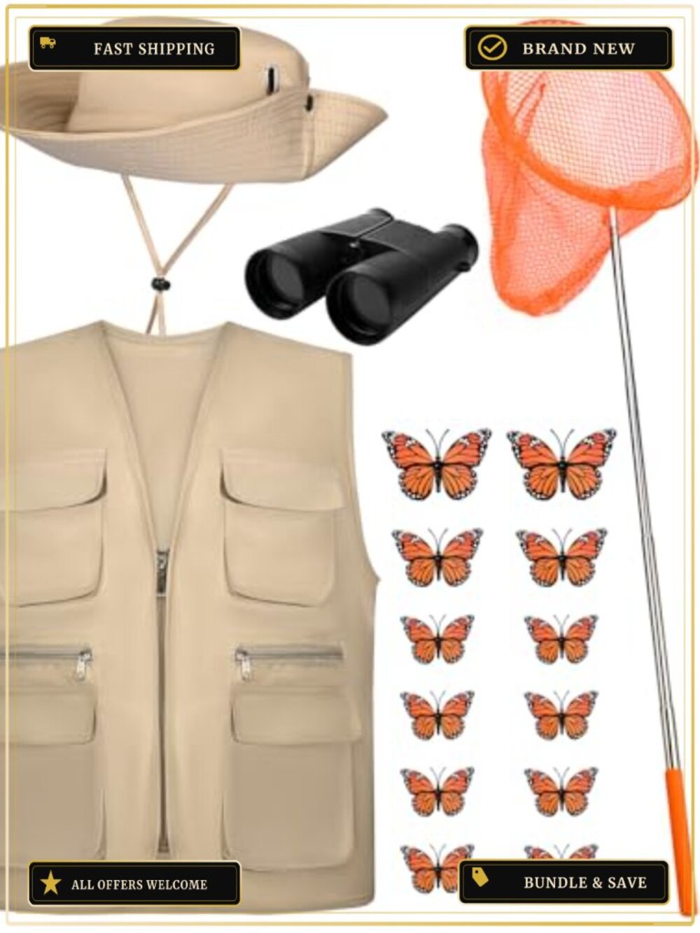 Butterfly Catcher Costume Set Bucket Hat Vest Net Telescope 16 Pcs